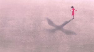 Psychology woman with shadow and different directions.